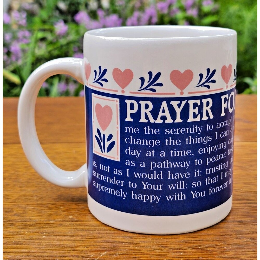 Vintage 1980s 1990s Serenity Prayer Coffee Mug Pink Hearts Blue Ceramic Tea Cup